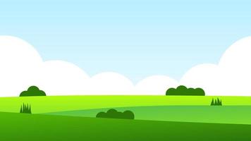 escena de dibujos animados de paisaje con colinas verdes y nubes blancas en el fondo del cielo azul de verano vector