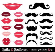 Collection of moustaches and lips on white vector