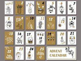 calendario de adviento de navidad con elementos de diseño dibujados a mano y caligrafía moderna manuscrita con pincel. conjunto de imprimibles vectoriales. colores blanco, negro, dorado. vector