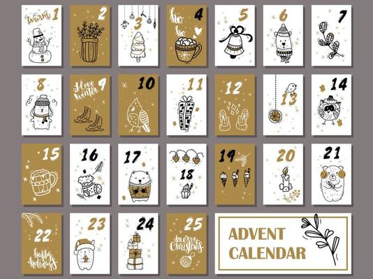 Christmas advent calendar with hand drawn design elements and handwritten modern brush pen calligraphy. Vector printables set. White, black, golden colors.