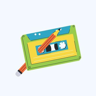 Vector tape cassette with pencil inside in the 1990s style. Retro music illustration.