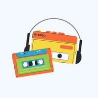 Vector tape cassette and audio player in the 1990s style. Retro music illustration.