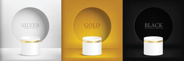 Abstract 3D room set with realistic cylinder plinth on background silver, gold, black, circular window on the wall. vector geometry Simulated product display, minimal scene, Studio room.