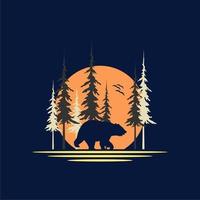 Bear Walking At Night With Full Moon Background For Wild Nature Logo vector