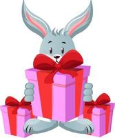 Bunny with birthday present, illustration, vector on white background.