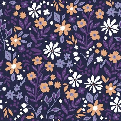 Seamless pattern with small flowers and leaves. Vector graphics.