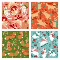 Set of seamless patterns with cute animals in hats and scarves. Vector graphics.