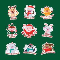 set de pegatinas de santa y amigos con saludo navideño vector