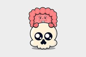 Cute Intestine cartoon character hiding in skull vector