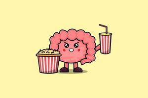 Cute cartoon Intestine with popcorn and drink vector