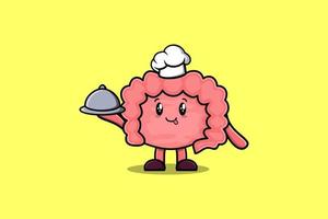 mascota del intestino del chef de dibujos animados que sirve comida en la bandeja vector