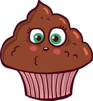Scared chocolate cupcake, illustration, vector on white background.