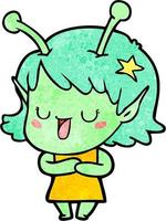 Retro grunge texture cartoon happy alien girl vector