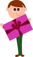 Boy with a present, illustration, vector on white background.