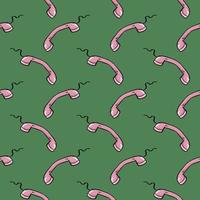 Pink wired telephone , seamless pattern on a green background. vector