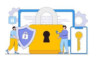 Flat data security system concept with people characters. Outline design style minimal vector illustration for landing page, web banner, infographics, hero images