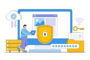 Flat data protection concept with people characters. Outline design style minimal vector illustration for landing page, web banner, infographics, hero images