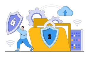 Flat data protection concept with people characters. Outline design style minimal vector illustration for landing page, web banner, infographics, hero images