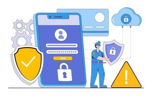Flat global, personal or cyber data security online, internet security or information privacy and protection concept. Outline design style for landing page, web banner, infographics, hero images