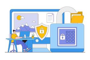 Flat secure data concept with people characters. Outline design style minimal vector illustration for landing page, web banner, infographics, hero images