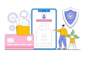 seguridad cibernética de datos personales planos, Internet y concepto de protección de la privacidad de la información. ilustración vectorial mínima de estilo de diseño de esquema para página de inicio, banner web, infografía, imágenes de héroe vector