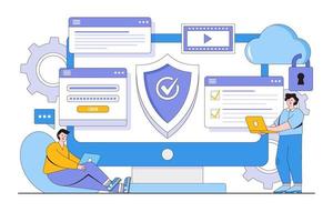 Flat personal digital security concept with people characters. Outline design style minimal vector illustration for landing page, web banner, infographics, hero images