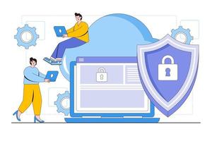 Flat cloud computing security concept with people characters. Outline design style for landing page, web banner, infographics, hero images vector