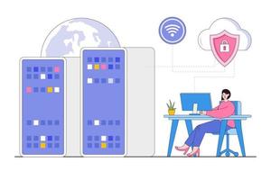 Flat secure server concept with people characters. Outline design style minimal vector illustration for landing page, web banner, infographics, hero images