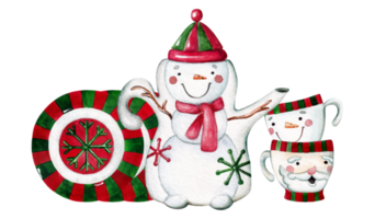 Watercolor illustration of christmas ceramic kitchenware in cartoon style. Snowman and Santa Claus, kettle, plates and cups. png