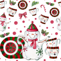 Watercolor seamless Christmas pattern with tableware, teapot, cups, fir branches, berries, candies and holly. png