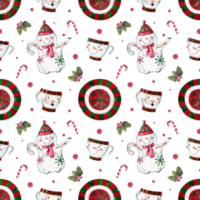 Watercolor seamless christmas pattern with tableware, teapot, cups, berries, candies and holly. png