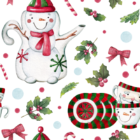 Watercolor seamless Christmas pattern with tableware, teapot, cups, fir branches, berries, candies and holly. png