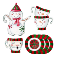 Set of watercolor christmas ceramic kitchenware in cartoon style. Snowman and Santa Claus, kettle, plates and cups. png