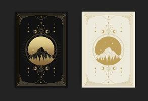 Mountains, forests, full moon and stars in engraving, luxurious, esoteric, boho style. Suitable for spiritualists, psychics, tarot, fortune tellers, astrologers and tattoo vector