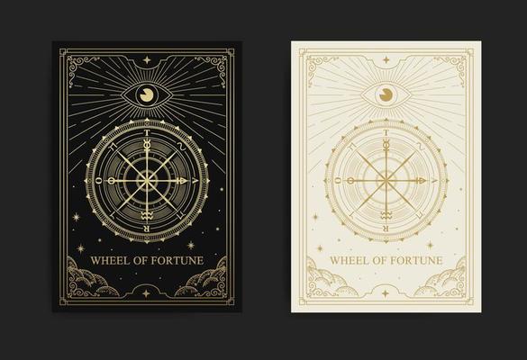 Wheel of fortune tarot card in engraving, luxury, esoteric, boho style. Suitable for spiritualists, psychics, tarot, fortune tellers, astrologers and tattoo