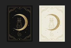 Cat and crescent moon in the night sky in carved, luxurious, esoteric, boho style. Suitable for spiritualists, psychics, tarot, fortune tellers, astrologers and tattoo vector