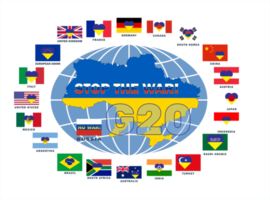 Illustration of G-20 countries flags. Flag and map of Ukraine in the center. Stop the war. G20, top twenty economies of the world. Financial and economic international forum. png