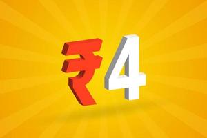 4 Rupee 3D symbol bold text vector image. 3D 4 Indian Rupee currency sign vector illustration