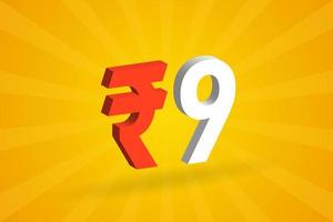 9 Rupee 3D symbol bold text vector image. 3D 9 Indian Rupee currency sign vector illustration