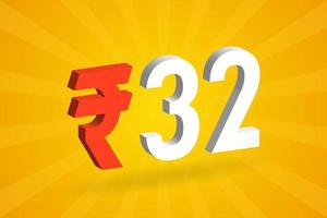 32 Rupee 3D symbol bold text vector image. 3D 32 Indian Rupee currency sign vector illustration