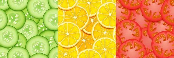 Textures of tomato, lemon and cucumber slices vector