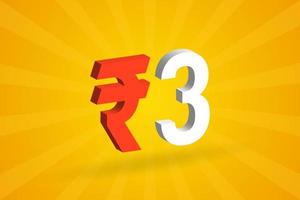 3 Rupee 3D symbol bold text vector image. 3D 3 Indian Rupee currency sign vector illustration