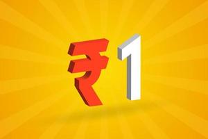 1 Rupee 3D symbol bold text vector image. 3D 1 Indian Rupee currency sign vector illustration