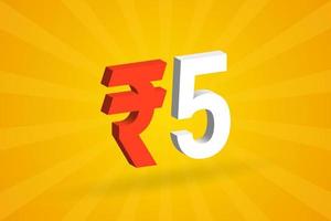 5 Rupee 3D symbol bold text vector image. 3D 5 Indian Rupee currency sign vector illustration