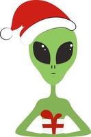 Alien with present, illustration, vector on white background.