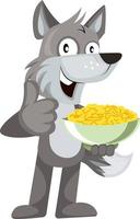 Wolf with snacks, illustration, vector on white background.