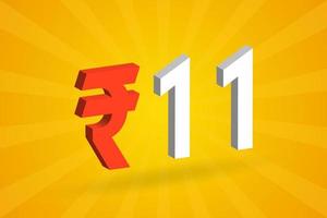 11 Rupee 3D symbol bold text vector image. 3D 11 Indian Rupee currency sign vector illustration