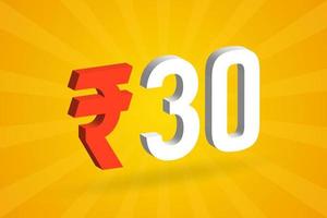 30 Rupee 3D symbol bold text vector image. 3D 30 Indian Rupee currency sign vector illustration