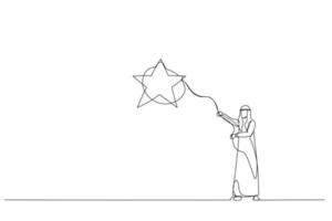 Drawing of arab businessman throws a lasso, catching star. One line style art vector