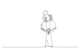 Drawing of arab businessman help and support his team can climb up and reach the star. One line art style vector